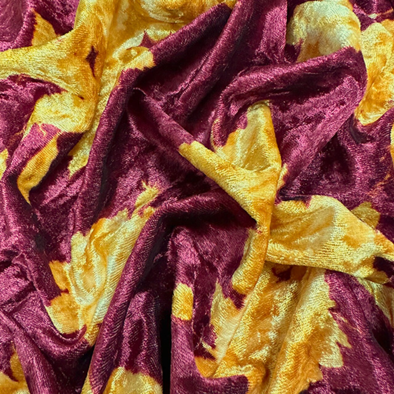 Burgundy and Gold Floral Print Stretch Panne Velour Fabric By the Yard